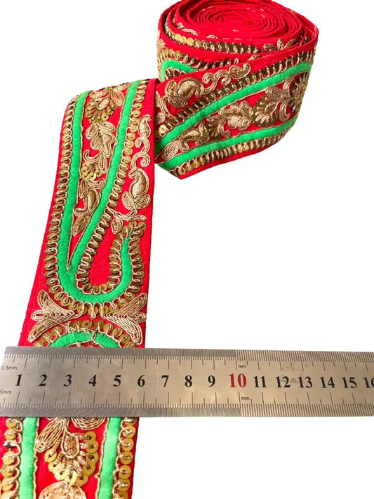 Cinta Pasamanería Bordada India Ancha Rojo