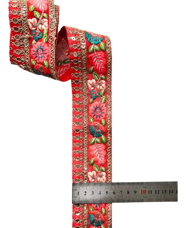 Cinta Pasamanería Bordada India Ancha Rojo