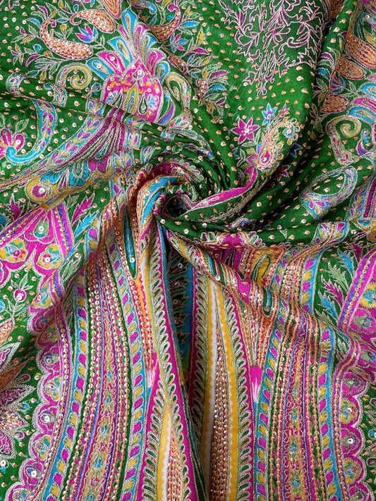 Corte de Tela de Sari Indio Vintage Bordada Seda Verde