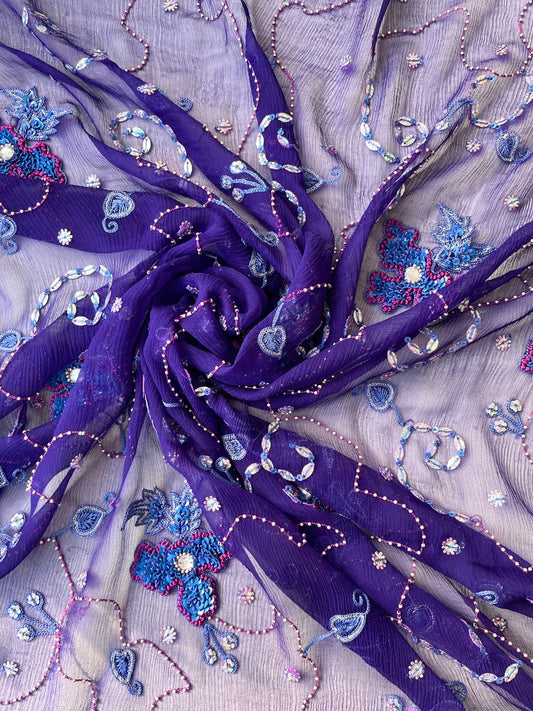 Corte de Tela de Sari Indio Vintage Bordada Seda Morado