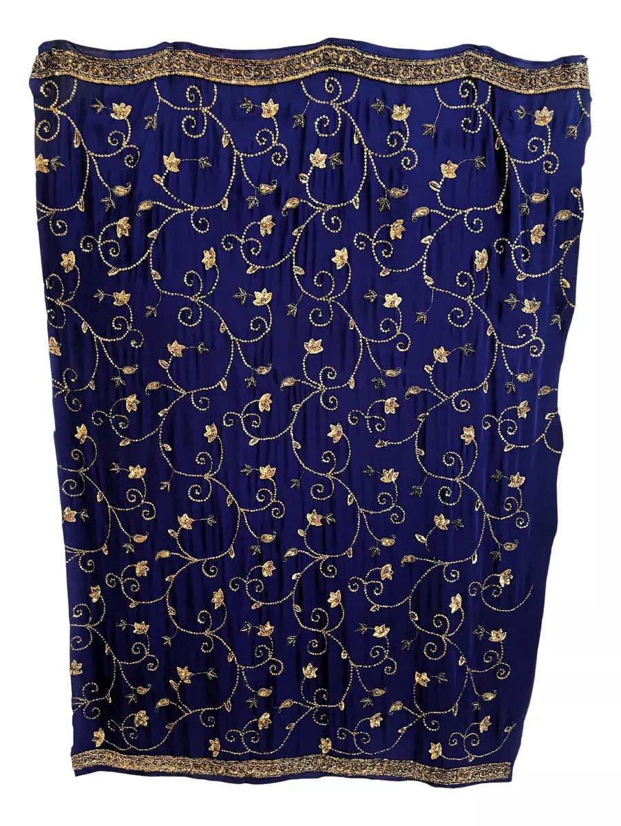 Corte de Sari Indio Vintage Bordada Azul