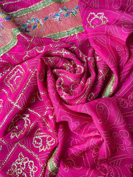 Corte de Tela de Sari Indio Vintage Bordada Seda Rosado