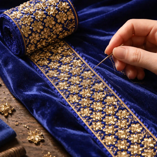 Cinta Pasamanería Bordada India Ancha Azul