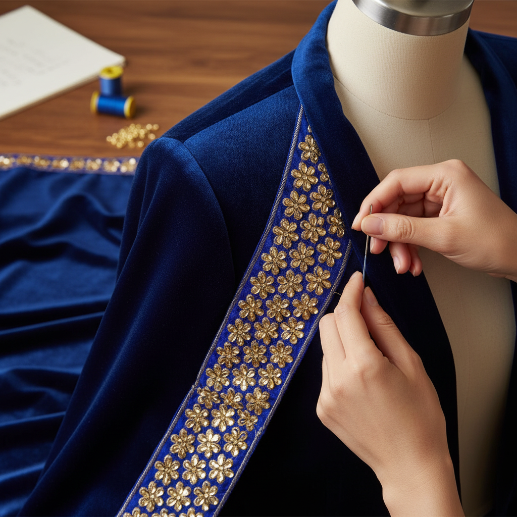 Cinta Pasamanería Bordada India Ancha Azul