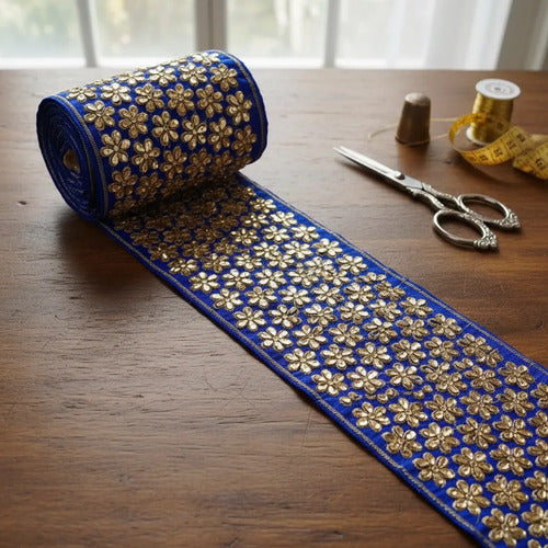 Cinta Pasamanería Bordada India Ancha Azul